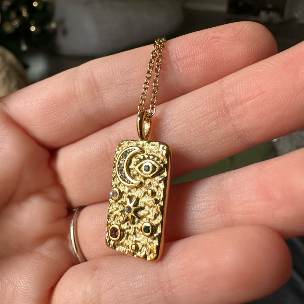 Gold Rectangular Pendant Necklace With Colorful S… - image 3